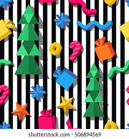Vector seamless geometric pattern. 3d stylized Christmas and New Year icons on striped background. Design for fashion textile print, wrapping paper, web background. Christmas celebration elements.