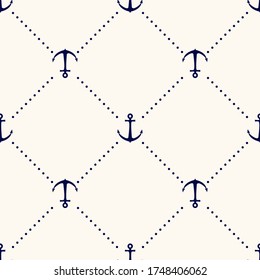 Vector seamless geometric pattern with anchors and polka dot. Nautical background in minimalistic style. Vintage maritime backdrop for texture, paper, card, textile.
