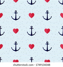 Vector seamless geometric pattern with anchors, hearts and lines. Nautical background in minimalistic style. Vintage maritime backdrop for texture, paper, card, textile, scrapbook