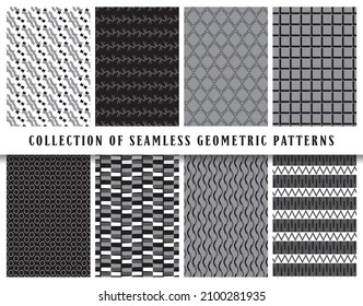 Vector seamless geometric pattern background set, collection. In black, grey and white colors. Abstract endless repeating texture for mask, duvet cover, t-shirt, phone case, wallpaper, carpet...
