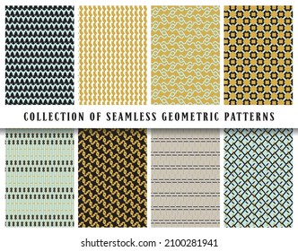Vector seamless geometric pattern background set, collection. Colored abstract endless repeating texture for mask, duvet cover, t-shirt, phone case, wallpaper, carpet...