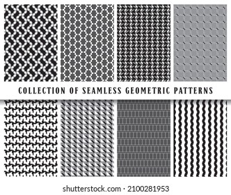 Vector seamless geometric pattern background set, collection. In black, grey and white colors. Abstract endless repeating texture for mask, duvet cover, t-shirt, phone case, wallpaper, carpet...