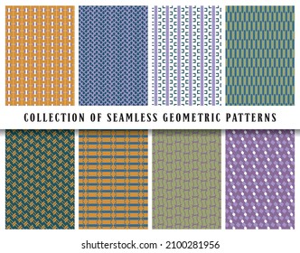 Vector seamless geometric pattern background set, collection. Colored abstract endless repeating texture for mask, duvet cover, t-shirt, phone case, wallpaper, carpet...