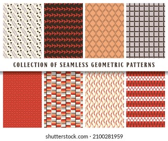 Vector seamless geometric pattern background set, collection. Colored abstract endless repeating texture for mask, duvet cover, t-shirt, phone case, wallpaper, carpet...