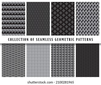 Vector seamless geometric pattern background set, collection. In black, grey and white colors. Abstract endless repeating texture for mask, duvet cover, t-shirt, phone case, wallpaper, carpet...