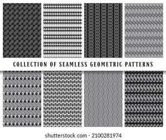 Vector seamless geometric pattern background set, collection. In black, grey and white colors. Abstract endless repeating texture for mask, duvet cover, t-shirt, phone case, wallpaper, carpet...
