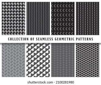 Vector seamless geometric pattern background set, collection. In black, grey and white colors. Abstract endless repeating texture for mask, duvet cover, t-shirt, phone case, wallpaper, carpet...