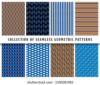 Vector seamless geometric pattern background set, collection. In blue, brown, black and white colors. Abstract endless repeating texture for mask, duvet cover, t-shirt, phone case, wallpaper, carpet..