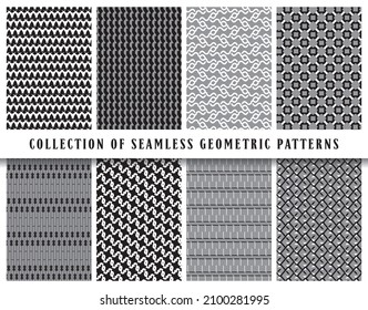 Vector seamless geometric pattern background set, collection. In black, grey and white colors. Abstract endless repeating texture for mask, duvet cover, t-shirt, phone case, wallpaper, carpet...