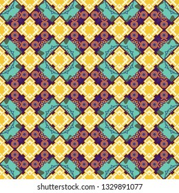 Vector seamless geometric pattern of beige, green and yellow tiles.