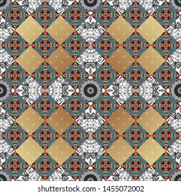 Vector seamless geometric pattern of beige, blue and gray tiles.