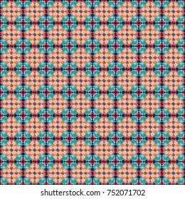 Vector seamless geometric pattern of beige, blue and pink tiles.