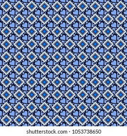 Vector seamless geometric pattern of black, white and blue tiles.