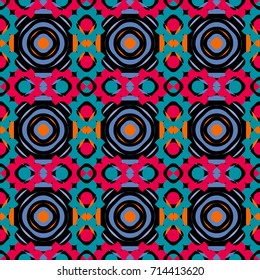 Vector seamless geometric pattern of black, blue and red tiles.