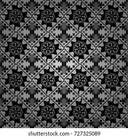 Vector seamless geometric pattern of black, white and gray tiles.