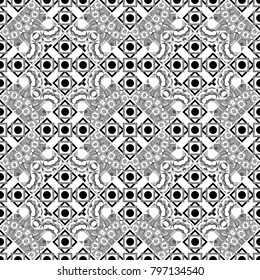 Vector seamless geometric pattern of black, white and gray tiles.