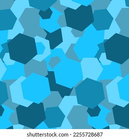 Vector seamless geometric pattern of blue monochrome polygons superimposed on each other. 