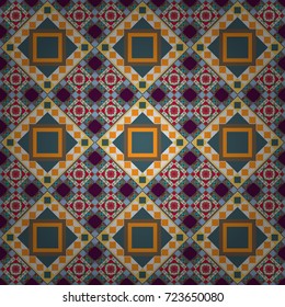 Vector seamless geometric pattern of blue, gray and brown tiles.