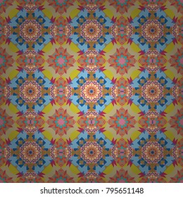 Vector seamless geometric pattern of blue, beige and pink tiles.