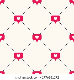 Vector seamless geometric pattern with bright red social media like sign and polka dot. Social network appreciate likes symbol, hearts, background. Simple trendy SMM backdrop.