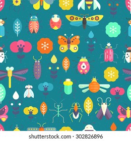 Vector seamless geometric pattern with bugs and insects on blue background with texture. Colorful seamless design.