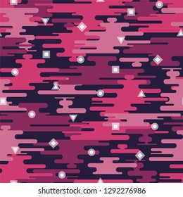 Vector seamless geometric pattern with colorful creative shapes - memphis design. Abstract trendy background in violet shades.
