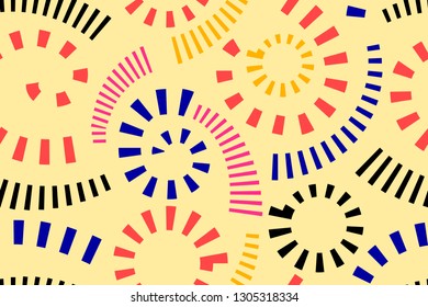 Vector seamless geometric pattern. Colorful circles of stripes on a pale yellow background.