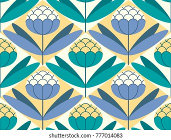Vector seamless geometric pattern with colorful flowers. Scandinavian style.