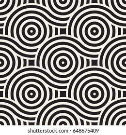 Vector seamless geometric pattern composed with circles and lines. Modern stylish rounded stripes texture. Repeating abstract decorative background