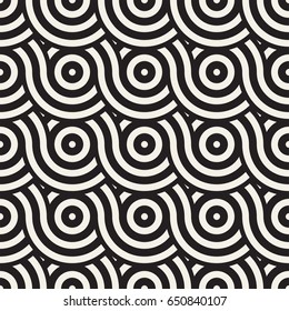 Vector seamless geometric pattern composed with circles and lines. Modern stylish rounded stripes texture. Repeating abstract decorative background