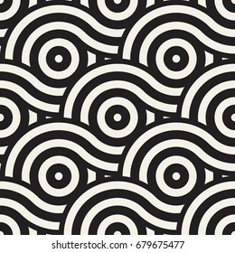 Vector seamless geometric pattern composed with circles and lines. Modern stylish rounded stripes texture. Repeating abstract decorative background