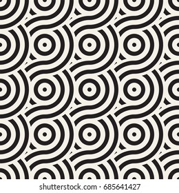 Vector seamless geometric pattern composed with circles and lines. Modern stylish rounded stripes texture. Repeating abstract decorative background