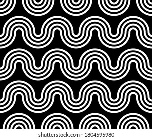 Vector seamless geometric pattern consisting of circles and lines. Modern stylish rounded stripes texture. Repeating abstract decorative background.