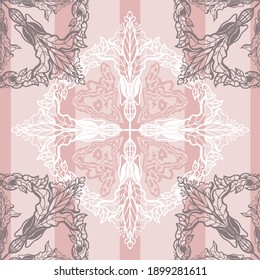 Vector seamless geometric pattern. Damask ornament on a striped background. Gently pink background. Design for printing on textiles, packaging, paper, wallpaper.