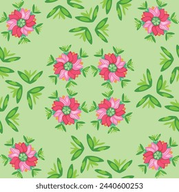 vector, seamless geometric pattern of dark pink tulip and green leaves on green background. Folk style. For summer women dresses, dining, home decor, wrapping paper.