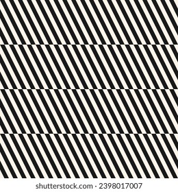 Vector seamless geometric pattern design with diagonal lines and stripes in black and white. Abstract minimal background texture. Optical illusion effect. Simple repeat ornament for decor, print