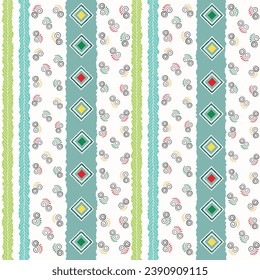 Vector seamless geometric pattern diamond shape and floral design on a creme background. T-shirt print, fashion print design, kids wear, greeting and invitation card.