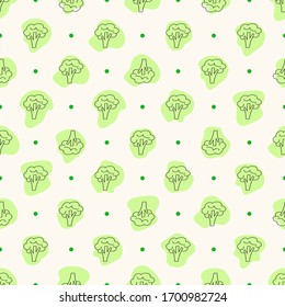 Vector Seamless Geometric Pattern With Doodle Brocolli Icon On Green Stains With Polka Dot. Hand Drawn Illustration For Healthy Lifestyle Concept. Eco Vegeterian Meal Background.