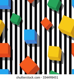 Vector seamless geometric pattern. Flat style multicolor cubes and black, white striped background. Trendy design concept for fashion textile print.