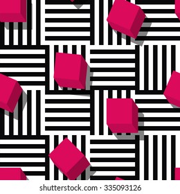 Vector Seamless Geometric Pattern. Flat Style Pink Cube And Black, White Striped Square Background. Trendy Design Concept For Fashion Textile Print.