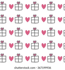 Vector seamless geometric pattern with gift boxes and hearts.Endless texture.Valentine's day pink background and wallpaper.Birthday template for decoration,wrapping,fabric.Festive love idea,