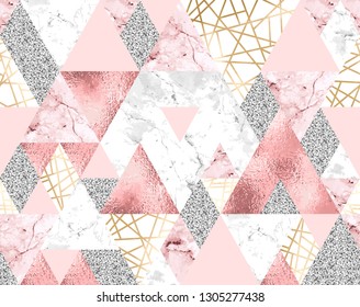 Vector Seamless Geometric Pattern With Gold Metallic Lines, Silver Glitter, Pink And Marble Triangles. Modern Polygons Abstract Texture On White Background 