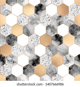 Vector seamless geometric pattern with gold foil, gray marble and watercolor polygons. Modern hexagon tile abstract background 