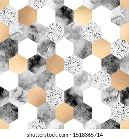 Vector seamless geometric pattern with gold foil, watercolor and gray marble polygons. Modern hexagon tile abstract background  
