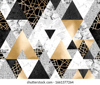 Vector seamless geometric pattern with gold metallic lines, silver glitter, black watercolor and gray marble triangles. Modern polygons abstract texture on white background 