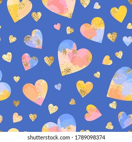 Vector seamless geometric pattern with gold glitter and pastel watercolor hearts on blue. Modern abstract colorful background 