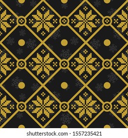 Vector seamless geometric pattern with golden knitted snowflakes on black background; winter design for greeting card, sweater, gift box, wallpaper, wrapping paper, fabric, web design.