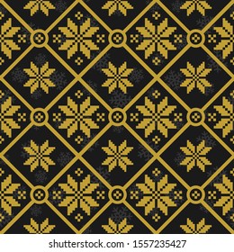 Vector seamless geometric pattern with golden knitted snowflakes on black background; winter design for greeting card, sweater, gift box, wallpaper, wrapping paper, fabric, web design.