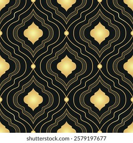 Vector seamless geometric pattern with golden gradient rhombuses and balls on black. For textiles, wallpaper and packaging