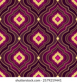 Vector seamless geometric pattern with golden and purple gradient rhombuses and balls on dark.For textiles, wallpaper and packaging